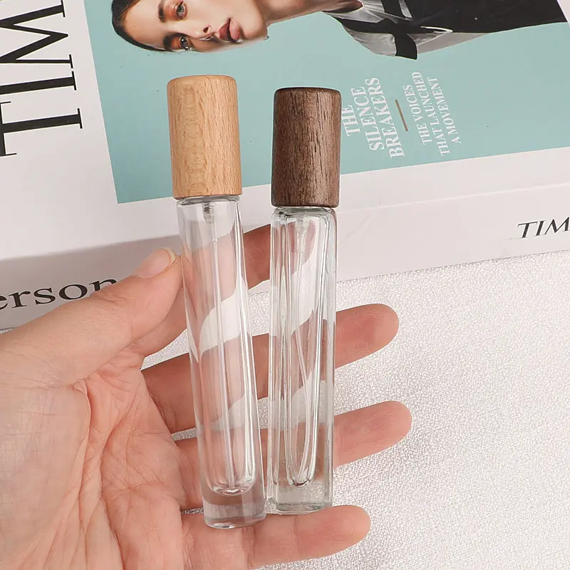 1pc 10ml Portable Glass Spray Bottle Beech Lid Perfume Bottle Walnut Cover Empty Bottle Sample Vial Cosmetic Container