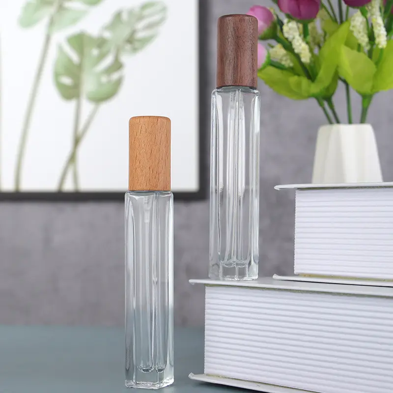 1pc 10ml Portable Glass Spray Bottle Beech Lid Perfume Bottle Walnut Cover Empty Bottle Sample Vial Cosmetic Container