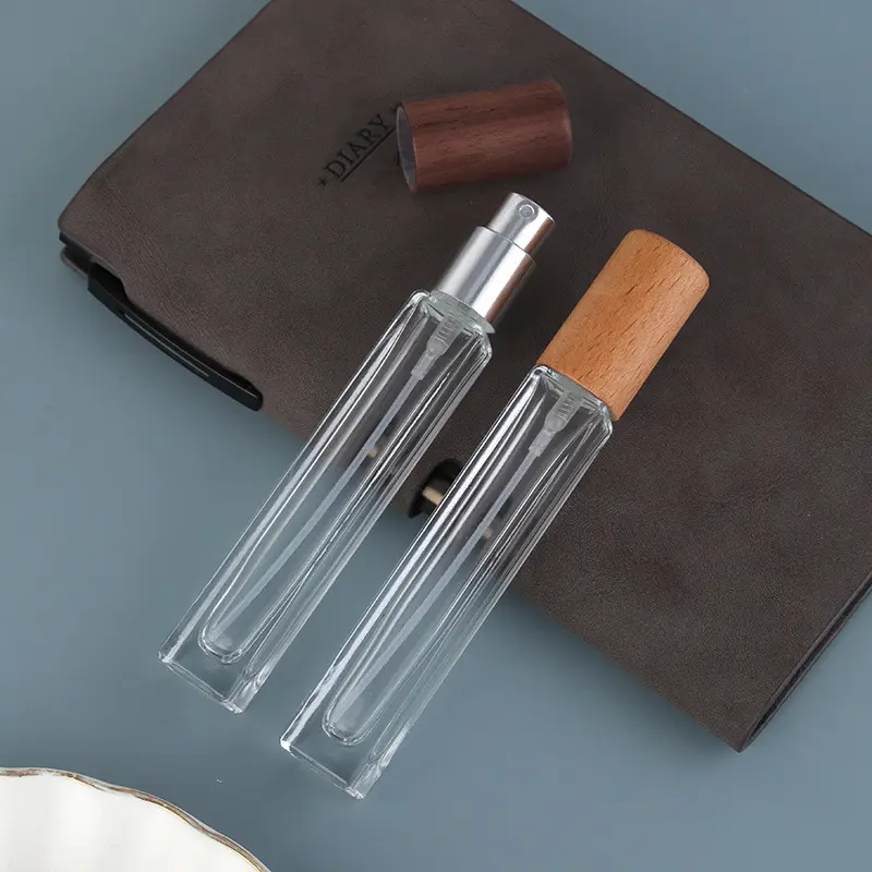1pc 10ml Portable Glass Spray Bottle Beech Lid Perfume Bottle Walnut Cover Empty Bottle Sample Vial Cosmetic Container