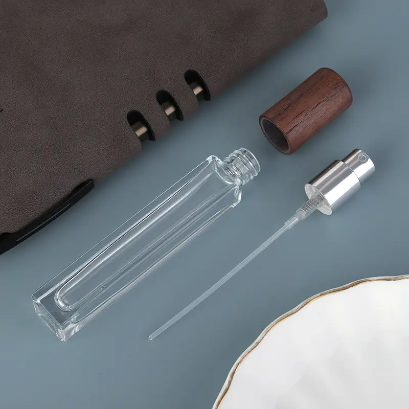 1pc 10ml Portable Glass Spray Bottle Beech Lid Perfume Bottle Walnut Cover Empty Bottle Sample Vial Cosmetic Container