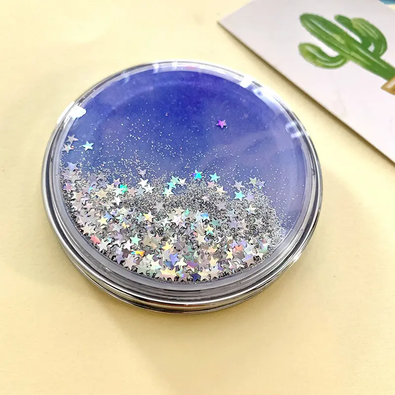 Shiny Quicksand Makeup Mirror Portable Magnifying Hand Square Makeup Standing Vanity Foldable Pocket Mirror Cute Compact Girls
