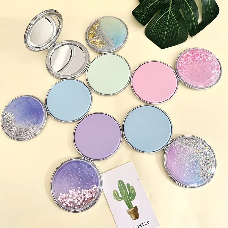 Shiny Quicksand Makeup Mirror Portable Magnifying Hand Square Makeup Standing Vanity Foldable Pocket Mirror Cute Compact Girls