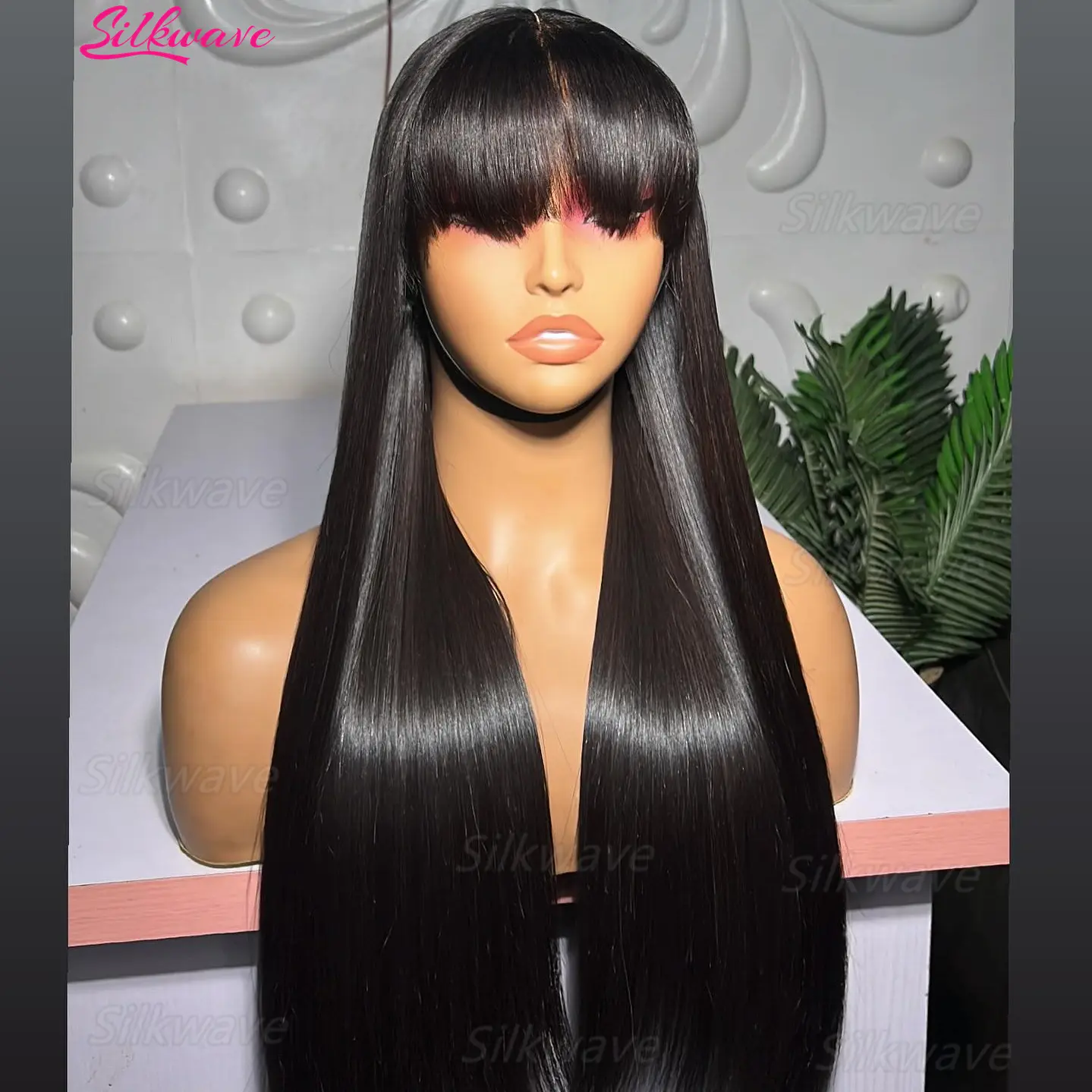 Silkwave 30 Inch 3X1 Middle Part Lace Wig Bone Straight Human Hair Wig With Bangs Full Machine Made  Fringe Wigs For Black Women