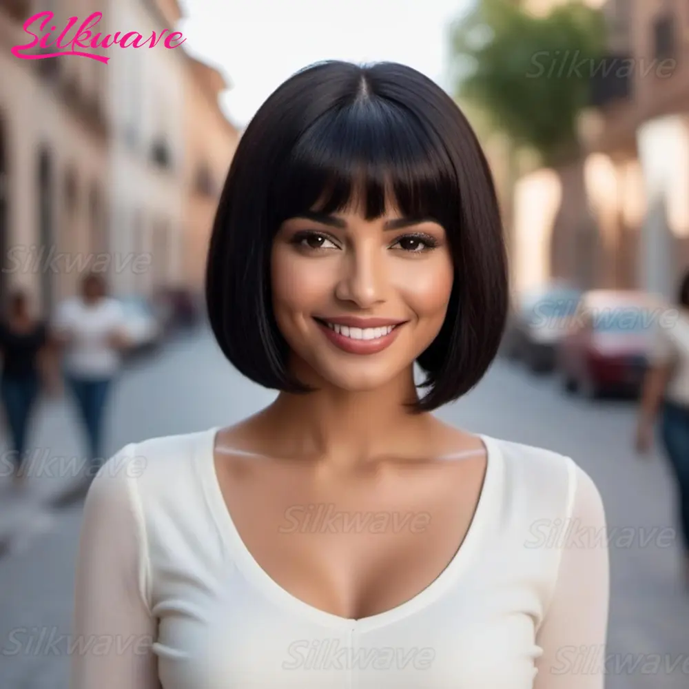 Silkwave 3X1 Middle Part Lace Bob Wig Bone Straight Human Hair Wigs With Bangs Brazilian Cheap Machine Made 100% Human Hair Wigs