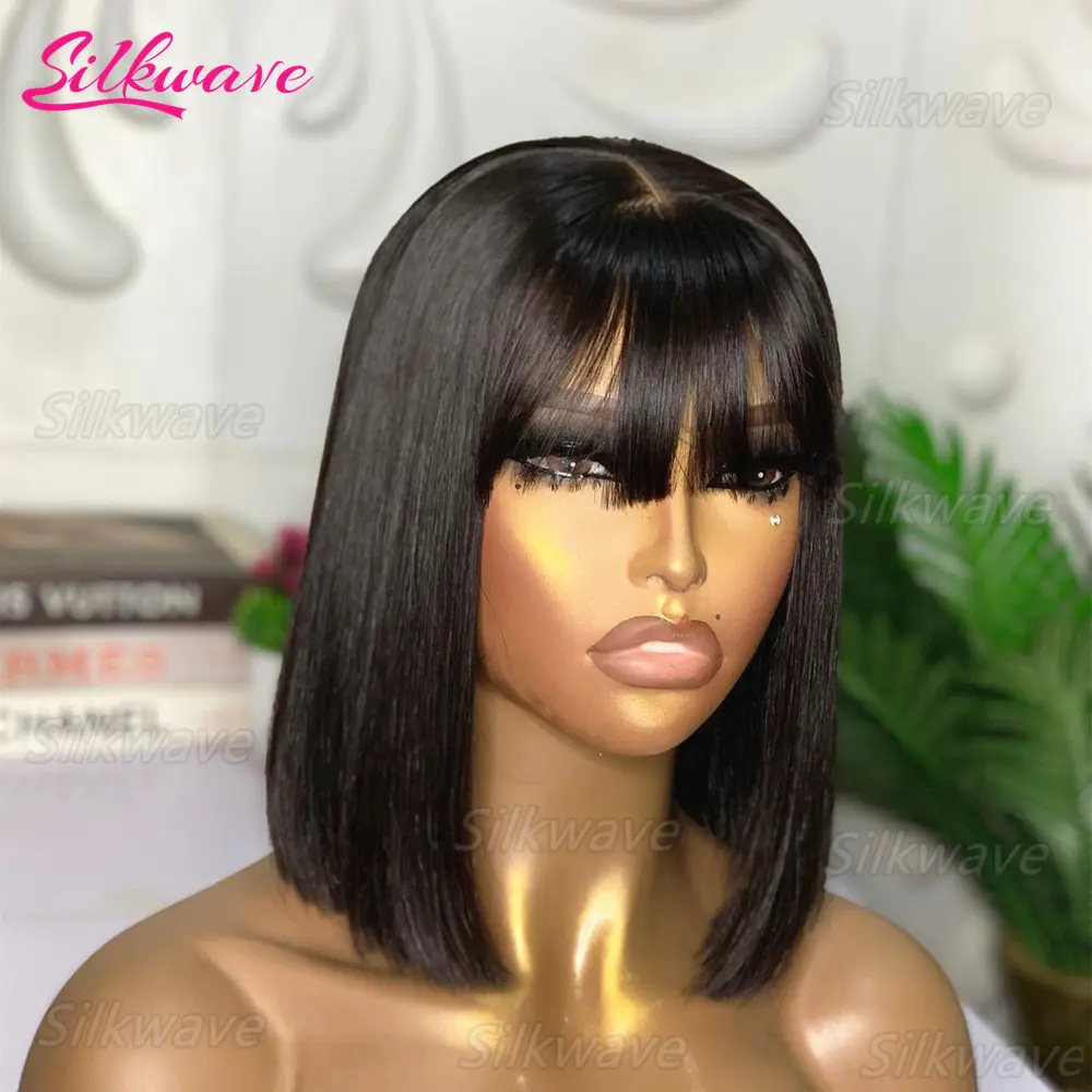 Silkwave 3X1 Middle Part Lace Bob Wig Bone Straight Human Hair Wigs With Bangs Brazilian Cheap Machine Made 100% Human Hair Wigs