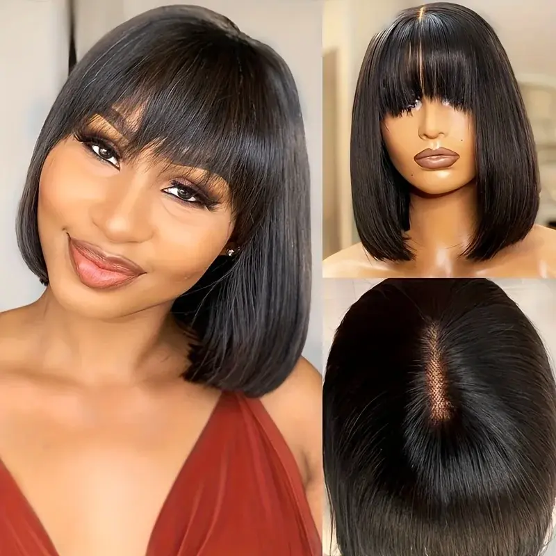 Silkwave 3X1 Middle Part Lace Bob Wig Bone Straight Human Hair Wigs With Bangs Brazilian Cheap Machine Made 100% Human Hair Wigs