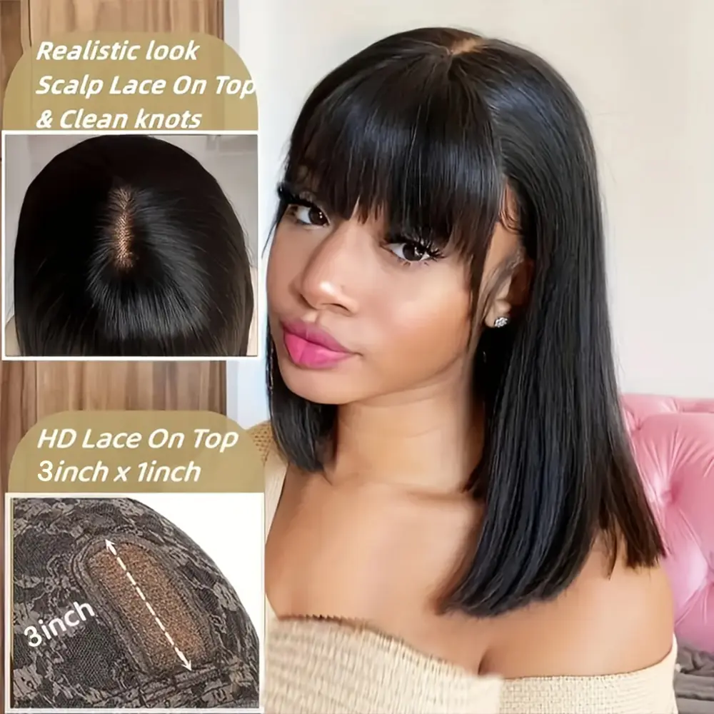 Silkwave 3X1 Middle Part Lace Bob Wig Bone Straight Human Hair Wigs With Bangs Brazilian Cheap Machine Made 100% Human Hair Wigs