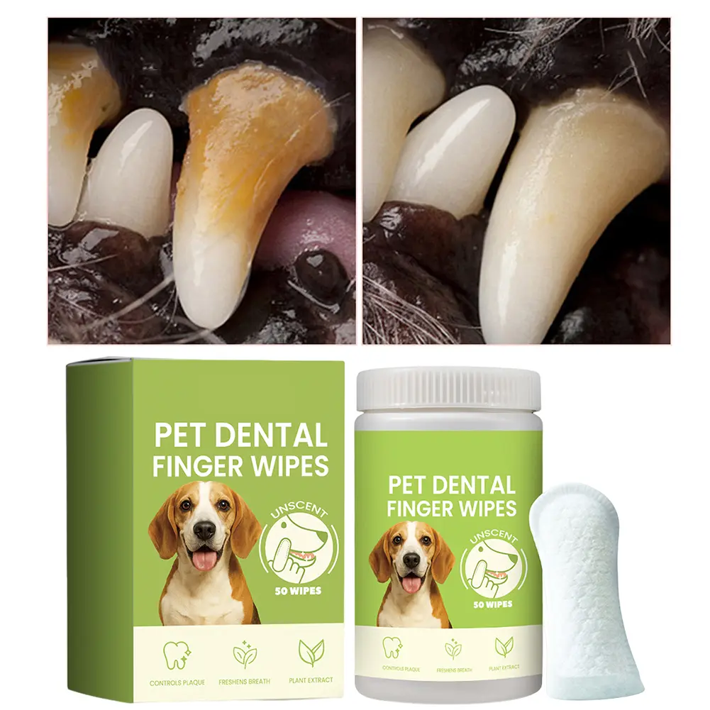 50 Counts Dog Teeth Cleaning Wipes Remove Bad Breath Pet Dental Finger Wipes Gum Care Dog Finger Toothbrush for Dogs & Cats