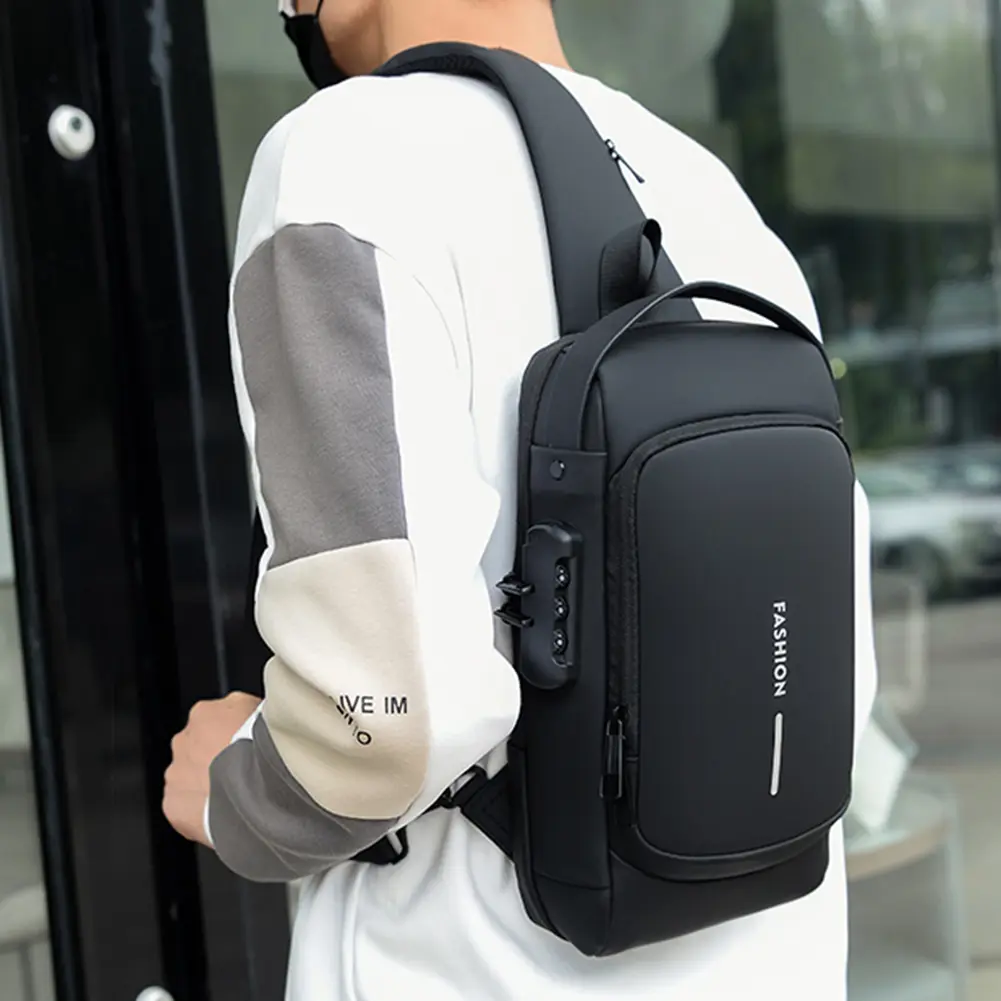 Men Chest Bag PU Leather Male Shoulder Bag Anti Theft USB Charging Port Waterproof Crossbody Bags Travel Outdoor Sport Sling Bag