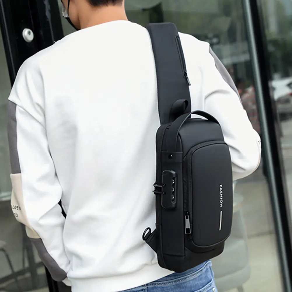 Men Chest Bag PU Leather Male Shoulder Bag Anti Theft USB Charging Port Waterproof Crossbody Bags Travel Outdoor Sport Sling Bag