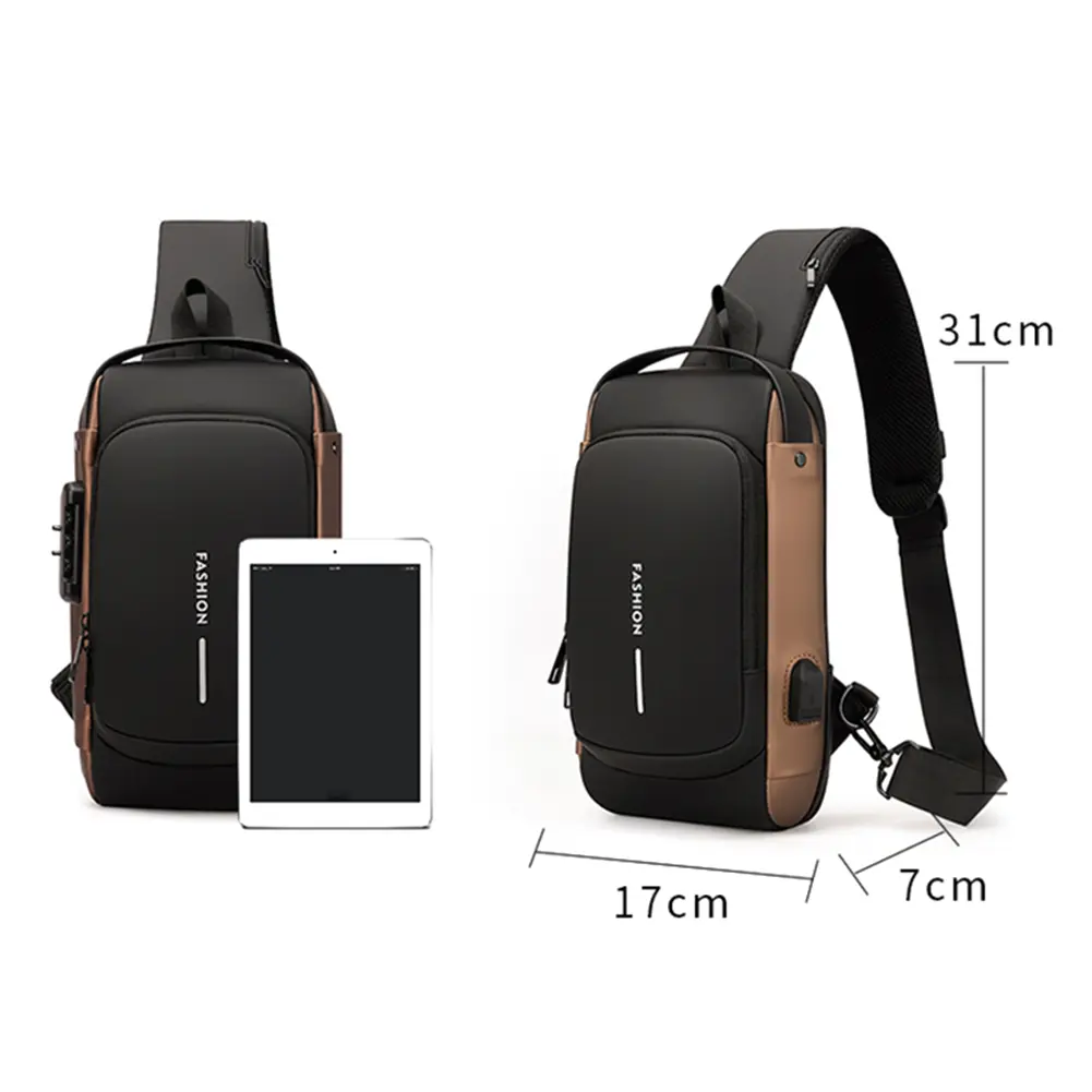 Men Chest Bag PU Leather Male Shoulder Bag Anti Theft USB Charging Port Waterproof Crossbody Bags Travel Outdoor Sport Sling Bag