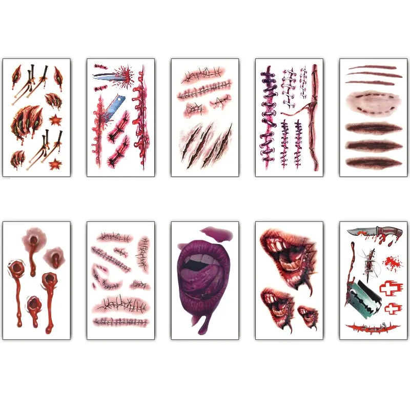 Waterproof Temporary Tattoo Sticker Halloween Terror Wound Realistic Blood Injury Scar Fake Tattoo Sticker Bloody Makeup