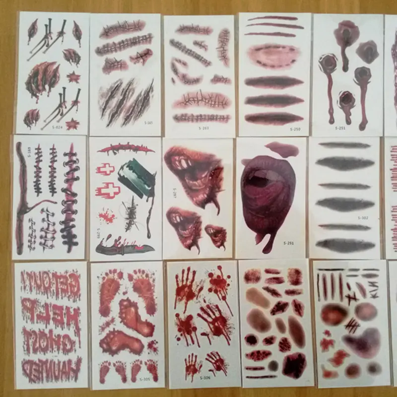Waterproof Temporary Tattoo Sticker Halloween Terror Wound Realistic Blood Injury Scar Fake Tattoo Sticker Bloody Makeup