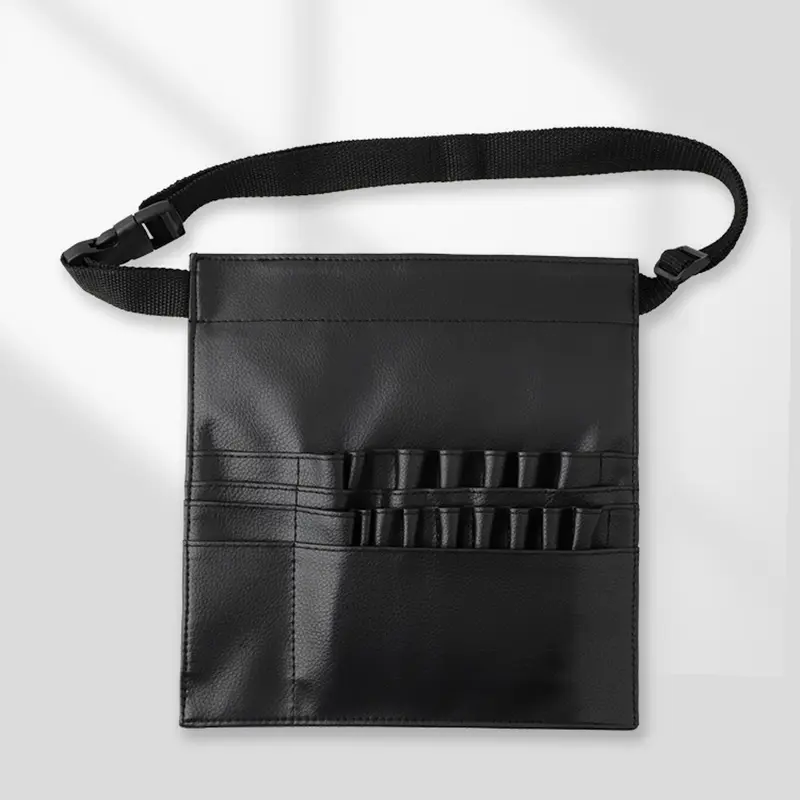 Multi-function Large Capacity Black PU Cosmetic Bag Waist Bag Makeup Brush Bag with Belt for Professional Makeup Artist