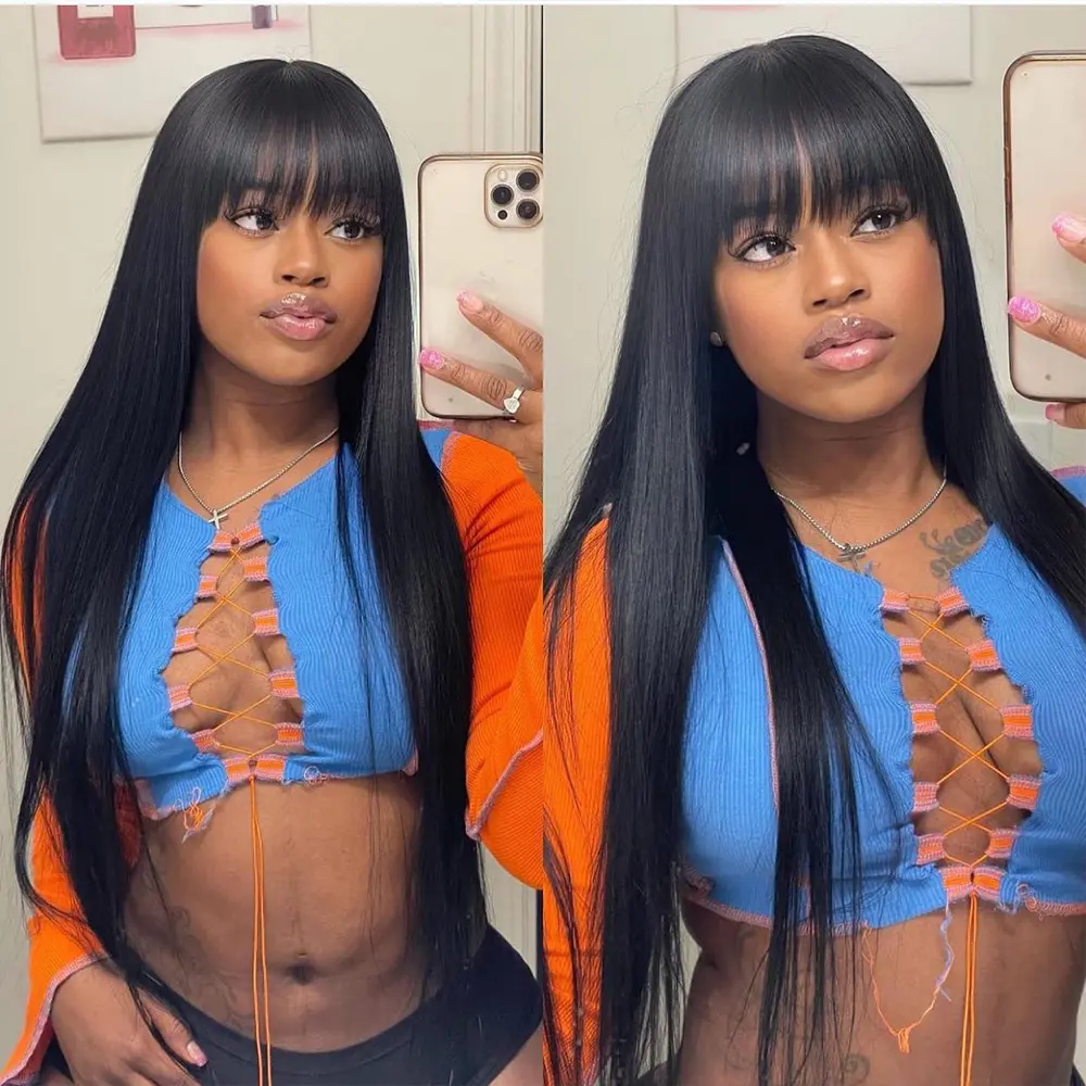 30 Inch Bone Straight Wig With Bangs Fringe Human Hair Wig For Women Brazilian On Sales Remy Hair 3X1 Lace Middle Part Wig Cheap