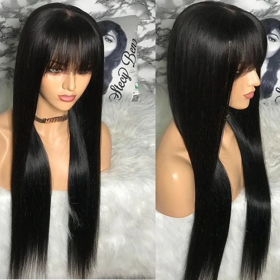 30 Inch Bone Straight Wig With Bangs Fringe Human Hair Wig For Women Brazilian On Sales Remy Hair 3X1 Lace Middle Part Wig Cheap