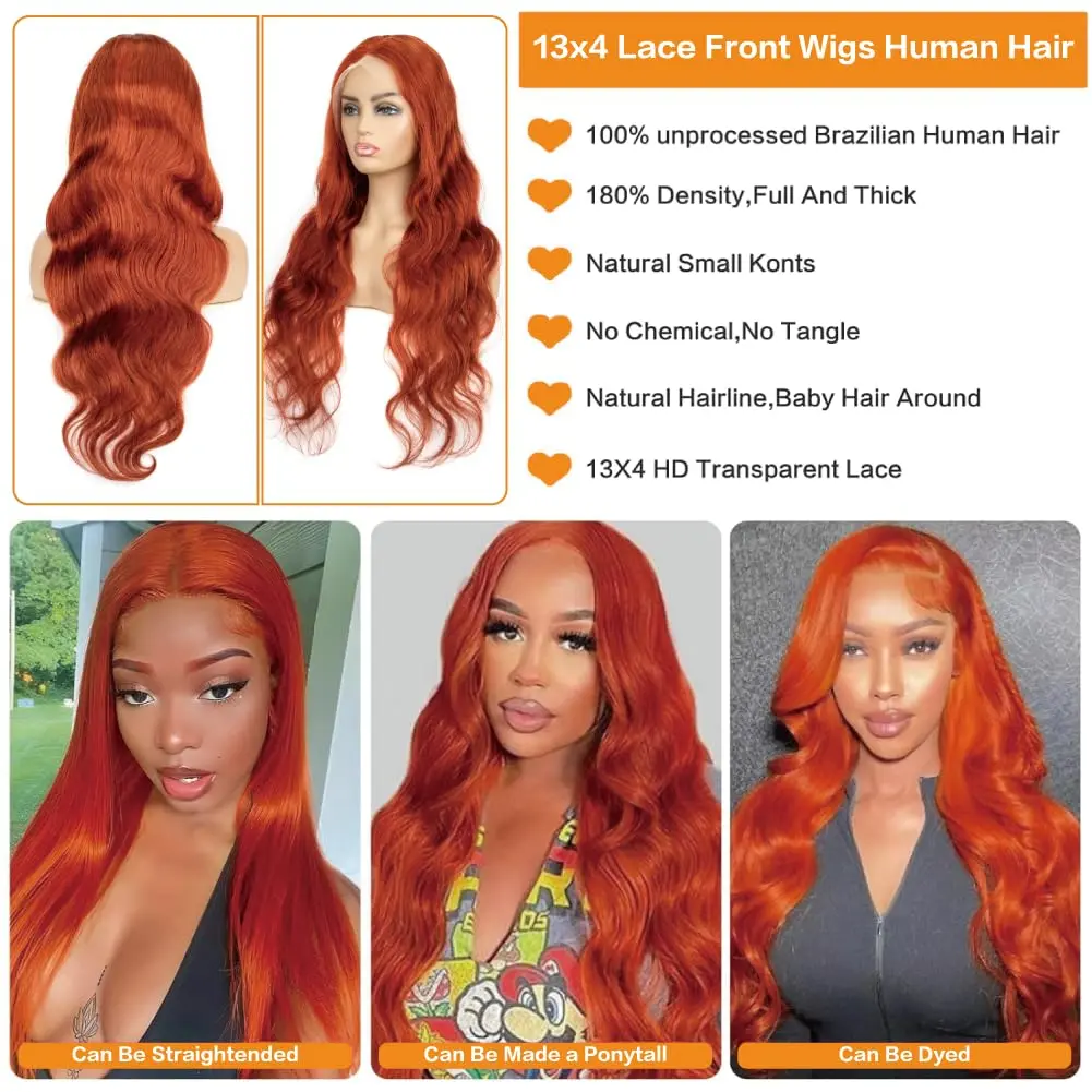 13x6 Ginger 200% Density Body Wave HD Lace Front Wigs 100% Human Hair for Women 13x4 HD Transparent Orange Colored on sale