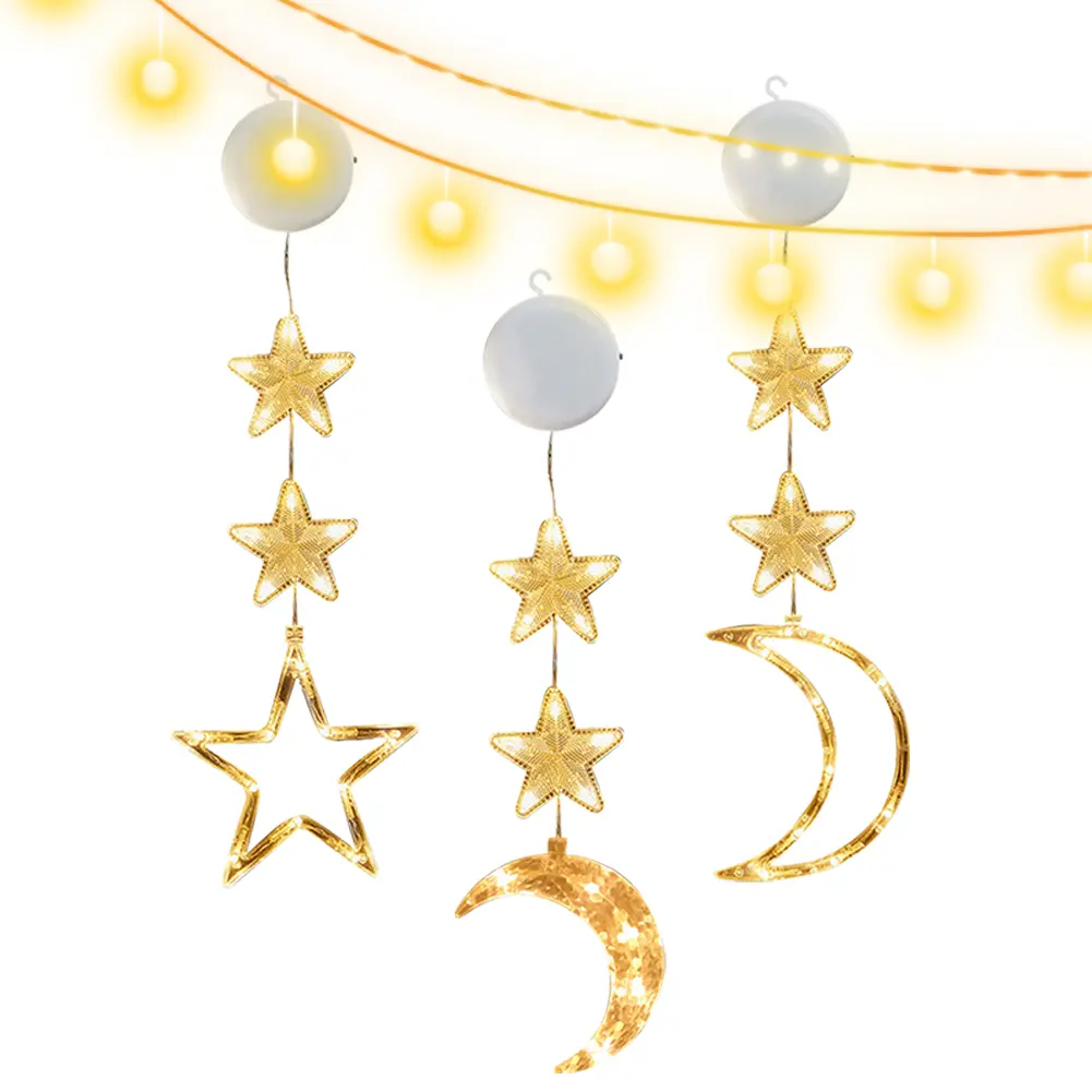 3Pcs Star Moon Light LED Window Hanging Light Battery Operated Decorative Pendant Light Backdrop String Light for New Year Decor