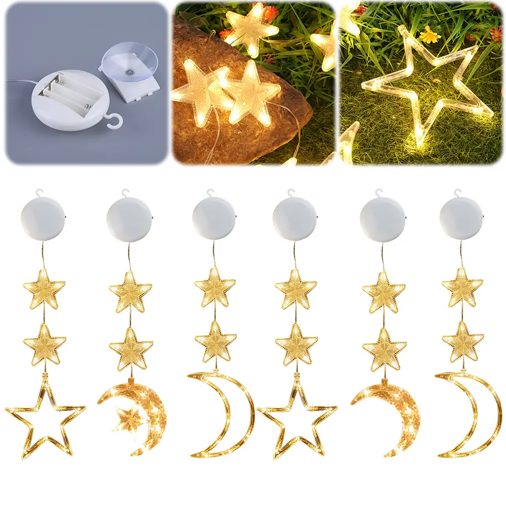 3Pcs Star Moon Light LED Window Hanging Light Battery Operated Decorative Pendant Light Backdrop String Light for New Year Decor