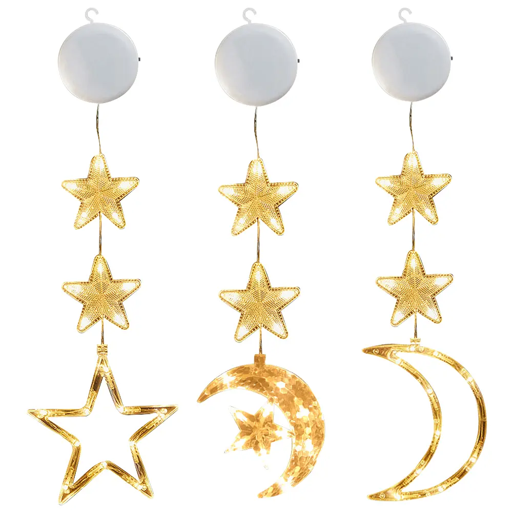3Pcs Star Moon Light LED Window Hanging Light Battery Operated Decorative Pendant Light Backdrop String Light for New Year Decor