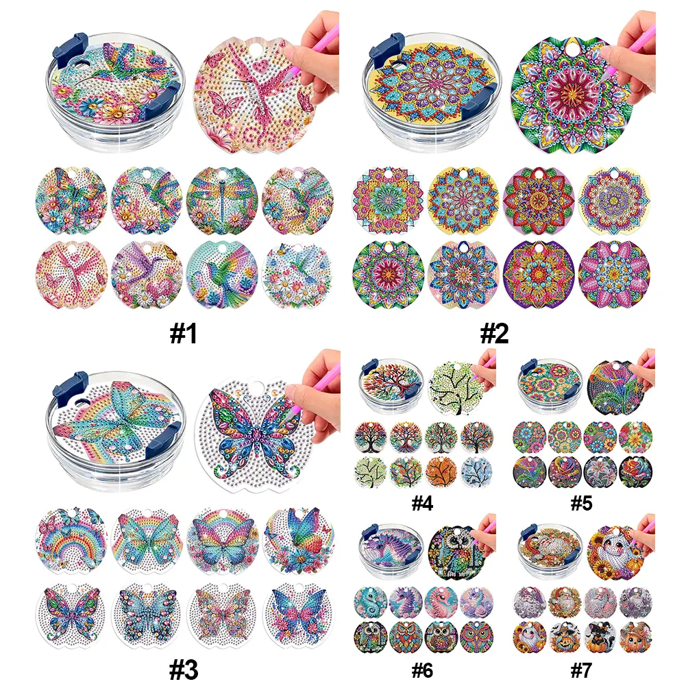 8pcs Diamond Art Kit DIY Diamond Art Cup Lid Accessories Bling Tumbler Lid Plate for Water Bottle Decoration