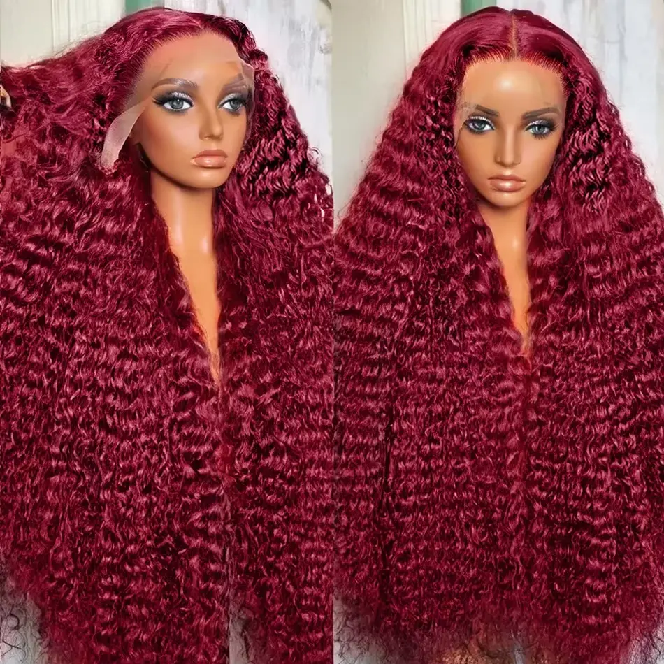 99J Burgundy 13x6 HD Transparent Lace Frontal Wig Curly Human Hair Wigs For Women Deep Water Wave 13x4 lace Front Colored Wigs