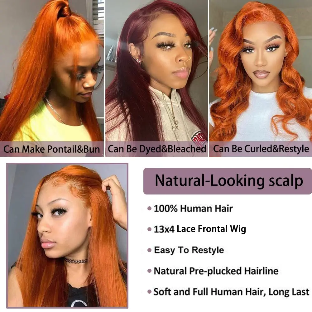 Ginger Orange Lace Front Human Hair Wigs 200 Density 13x4 HD Transparent Straight Lace Frontal human hair Wig for Women choice