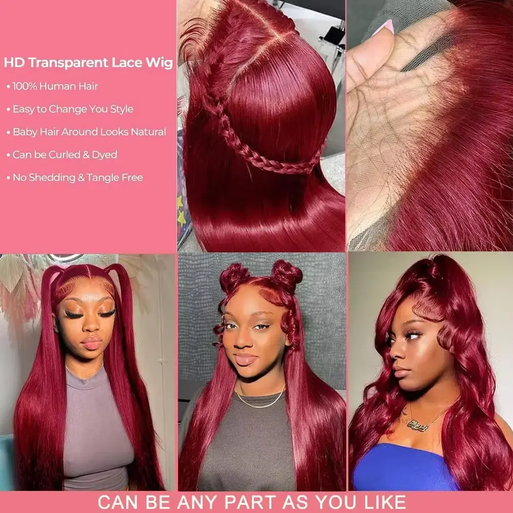 Silkwave Bone Straight  99j Burgundy 13x4 13x6  HD Transparent Lace Human Hair Wigs Brazilian Preplucked Colored Wigs For Women