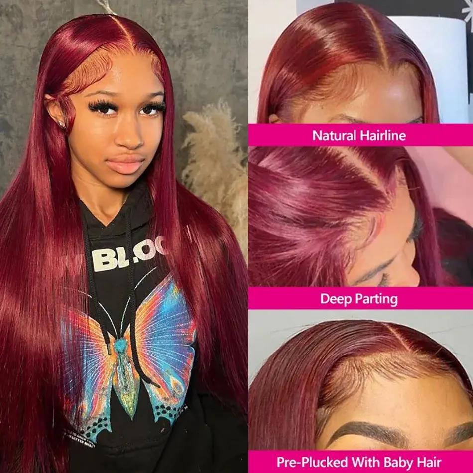 Burgundy Lace Frontal 13x6 Straight Lace Wig HD Transparent 13x4 Colored Front 100% Remy Human Hair Wigs For Women Choice