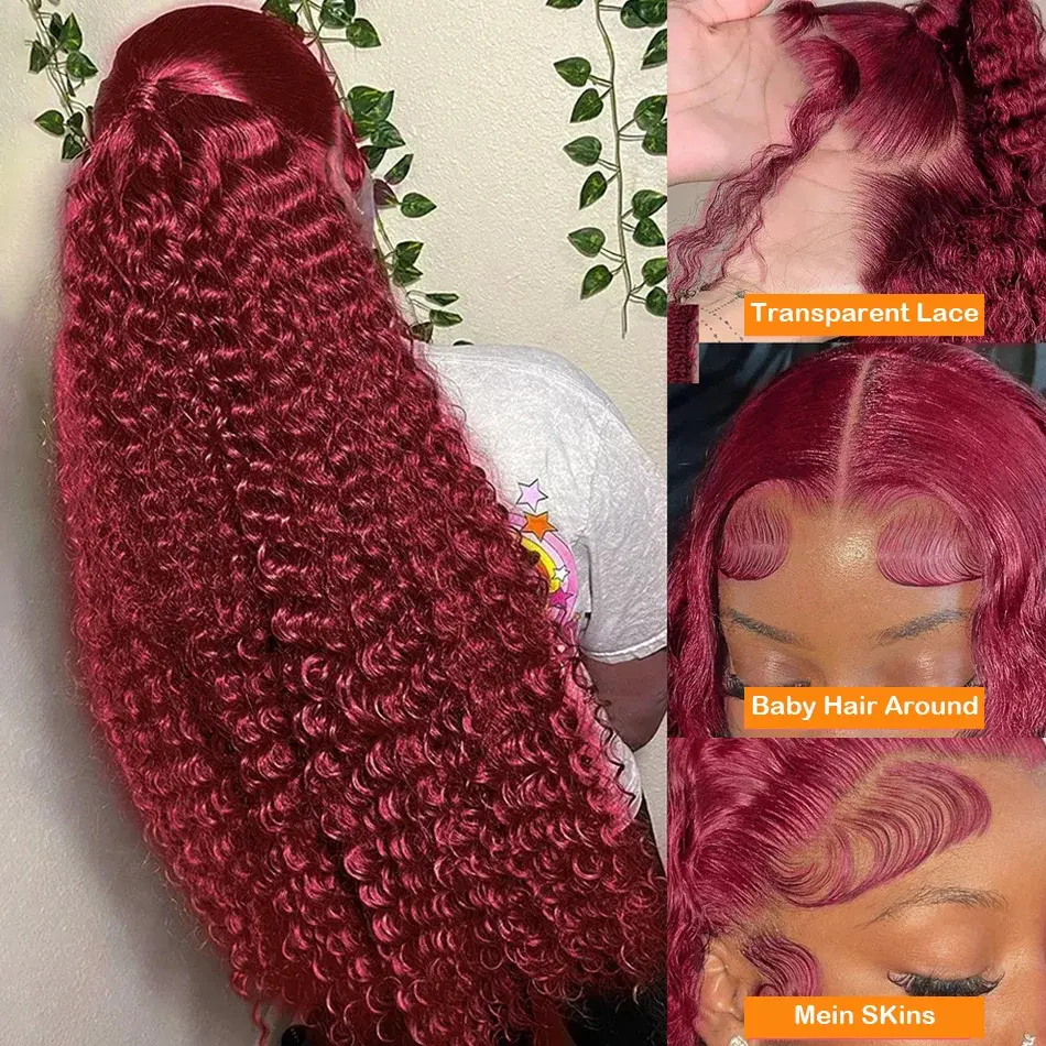 HD Transparent Burgundy Curly 13x6 Lace Frontal Wig Brazilian 13x4 200% Full Front 100% Remy Human Hair Wigs For Women Choice