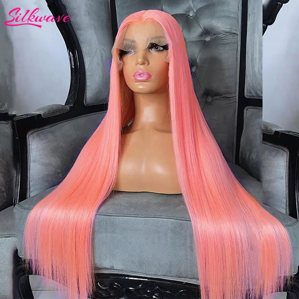 Silkwave Pink Human Hair Wigs Straight Lace Front Wigs 13X6 Hd Transparent Lace Frontal Wig For Women 200 Density Brazilian