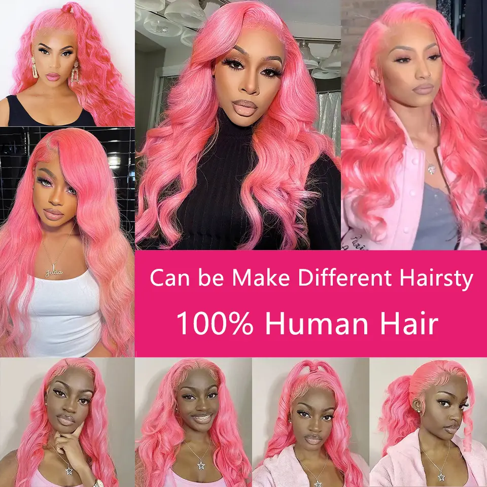 200 Density 13x6 Hd Light Pink Lace Frontal Wigs Human Hair 13x4 Body Wave Front Wig  Preplucked For Women 613 Colored Pink Wig