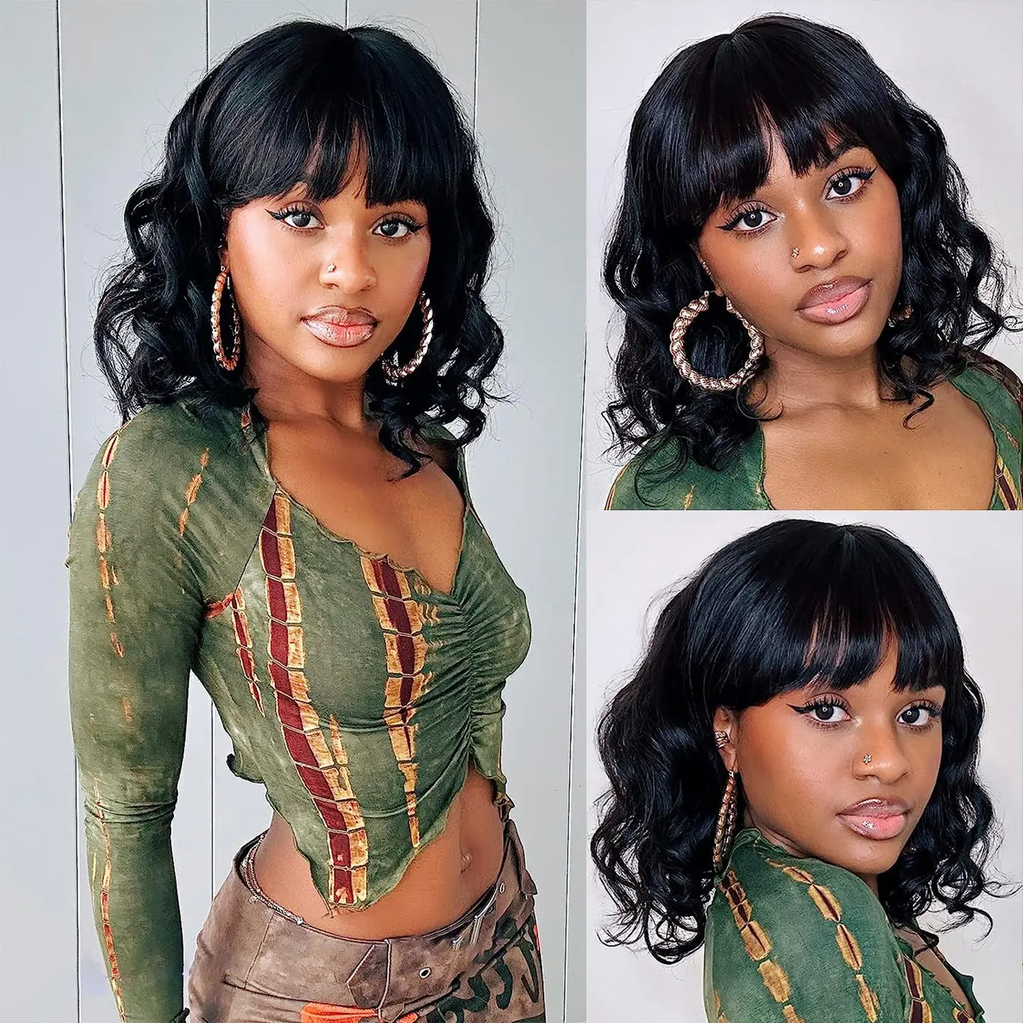 Silkwave Body Wave Short Bob Human Hair Wigs With Bangs 3x1 Lace Middle Part Fringe Bob Wig For Women Realistic Scalp Brazilian