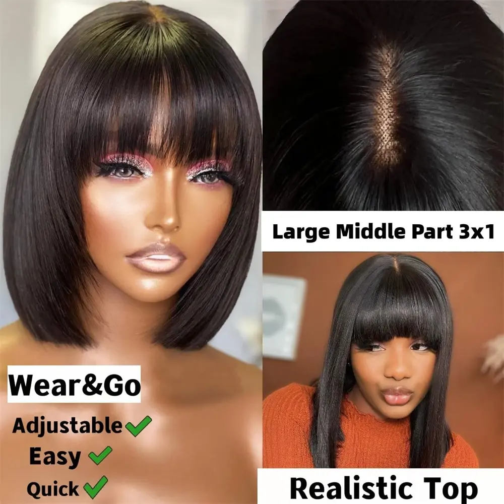 Silkwave Straight Human Hair Bob Wig With Bangs 3x1 Middle Part Lace Glueless Fringe Machine Made Wigs For Black Women Brazilian