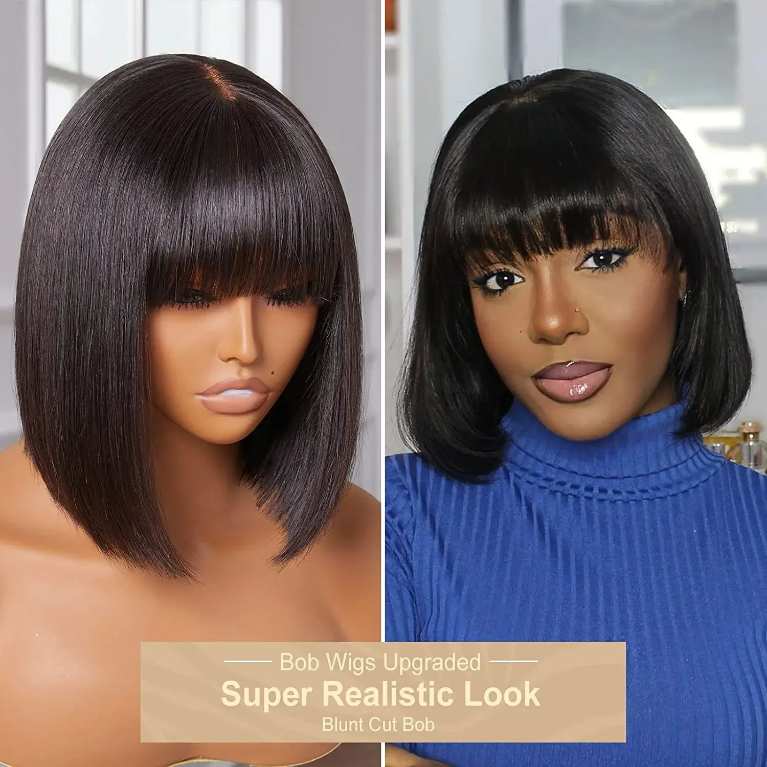 Silkwave Straight Human Hair Bob Wig With Bangs 3x1 Middle Part Lace Glueless Fringe Machine Made Wigs For Black Women Brazilian