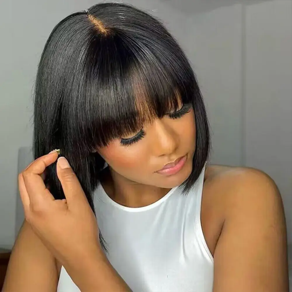Straight Bob Lace Wigs With Bangs Human Hair Wigs Fringe 3x1 Lace Middle Part Short Bob Wig For Women Realistic Scalp Brazilian
