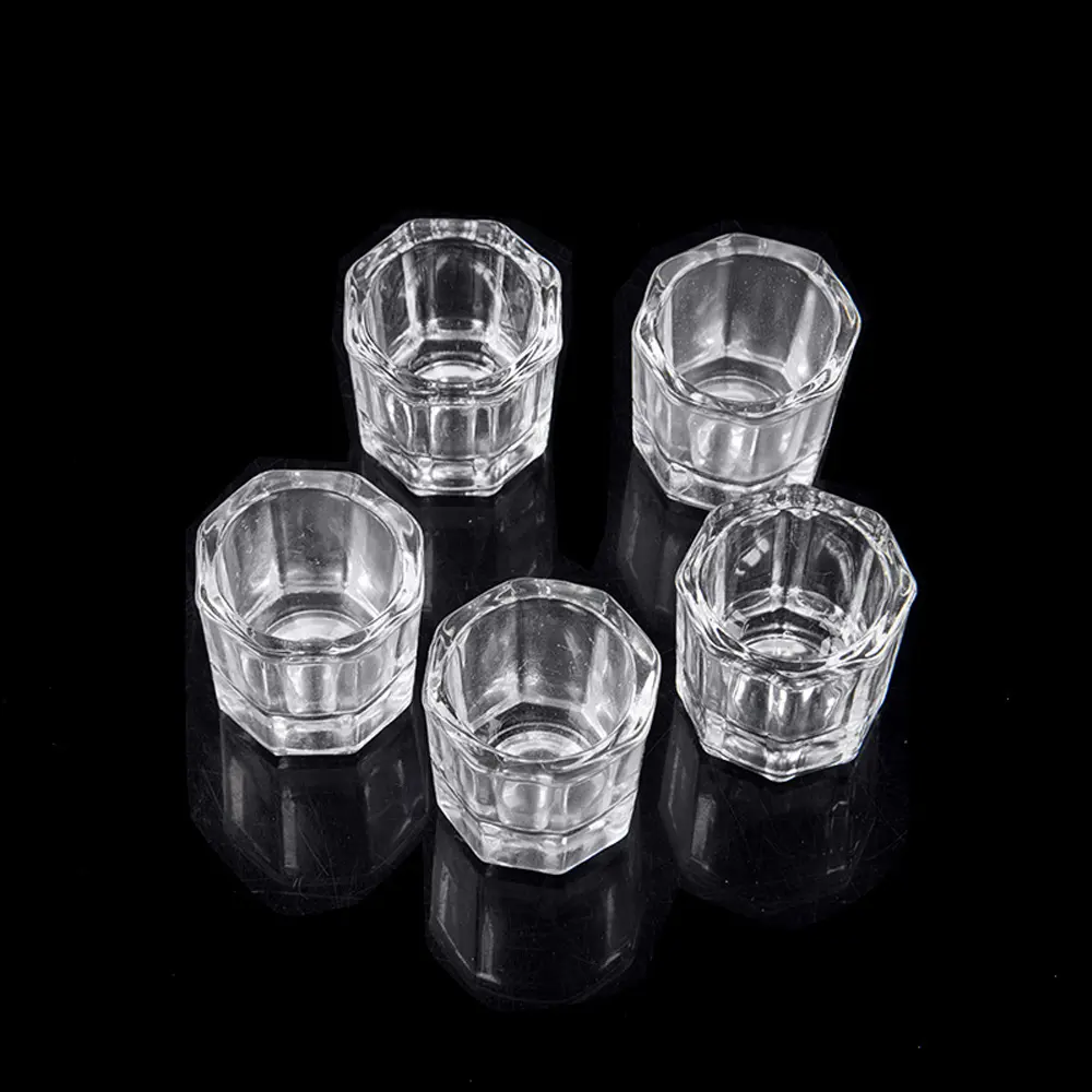 Nail Art Crystal Glass Clear Acrylic Small Octagonal Powder Liquid Nail Cup Nail Brush Cleaning Liquid Mixing Bowl Tools