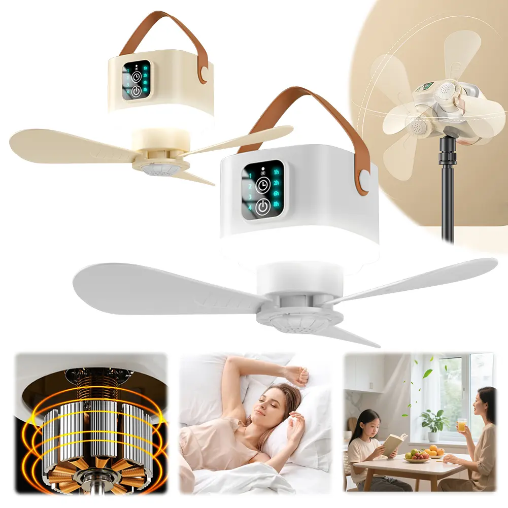 2 In 1 Electric Cordless Fan with Remote Control Brushless Motor Fan Light Foldable 4 Color Light Fan for Living Room Camping