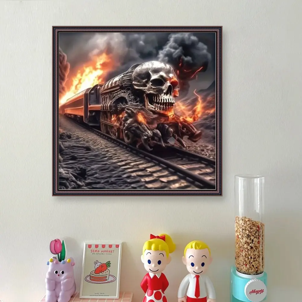 Skeleton Train Printed Cross Stitch Kit 40x40cm DIY 11CT Embroidery Craft Set