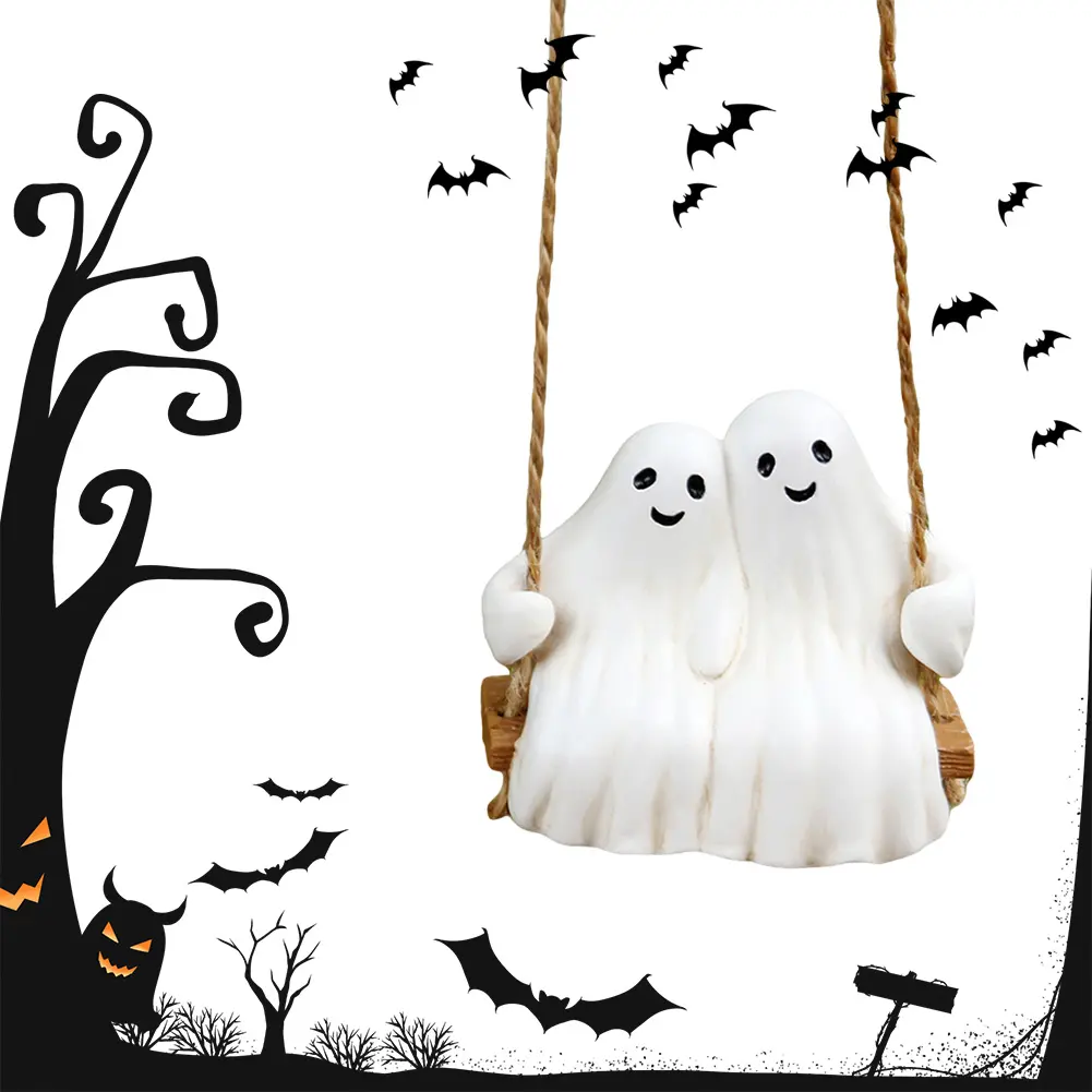 Swing Ghost Couple Outdoor Halloween Decor Swing Skeleton Holding Ghost Cat Cute Skull Figurine Funny Tree Hanging Ornaments