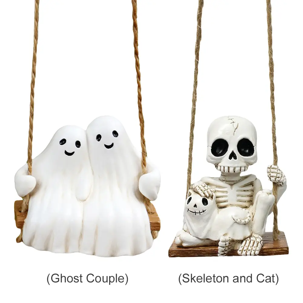 Swing Ghost Couple Outdoor Halloween Decor Swing Skeleton Holding Ghost Cat Cute Skull Figurine Funny Tree Hanging Ornaments