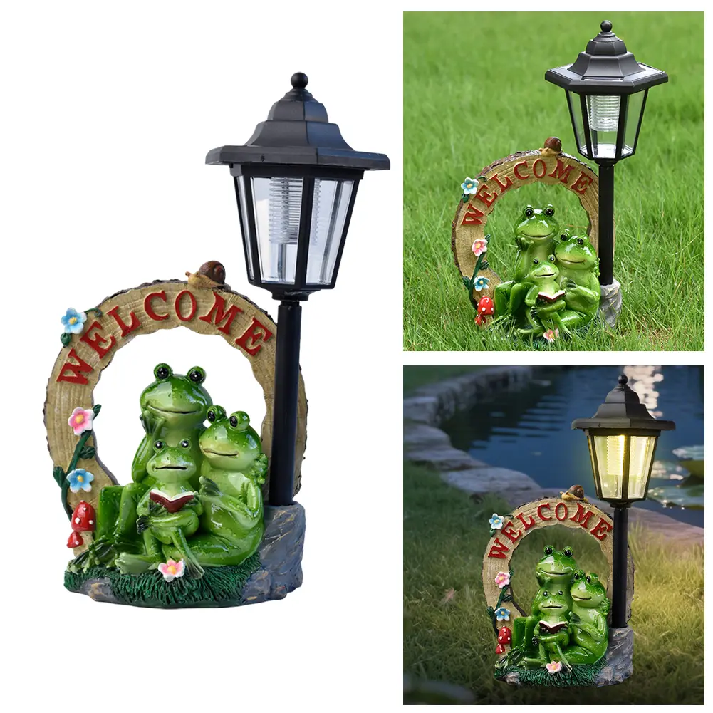Solar Frog Garden Statue Resin Frog Figurine Garden Family Frog Statue for Patio Balcony Yard Ornament Housewarming Gift