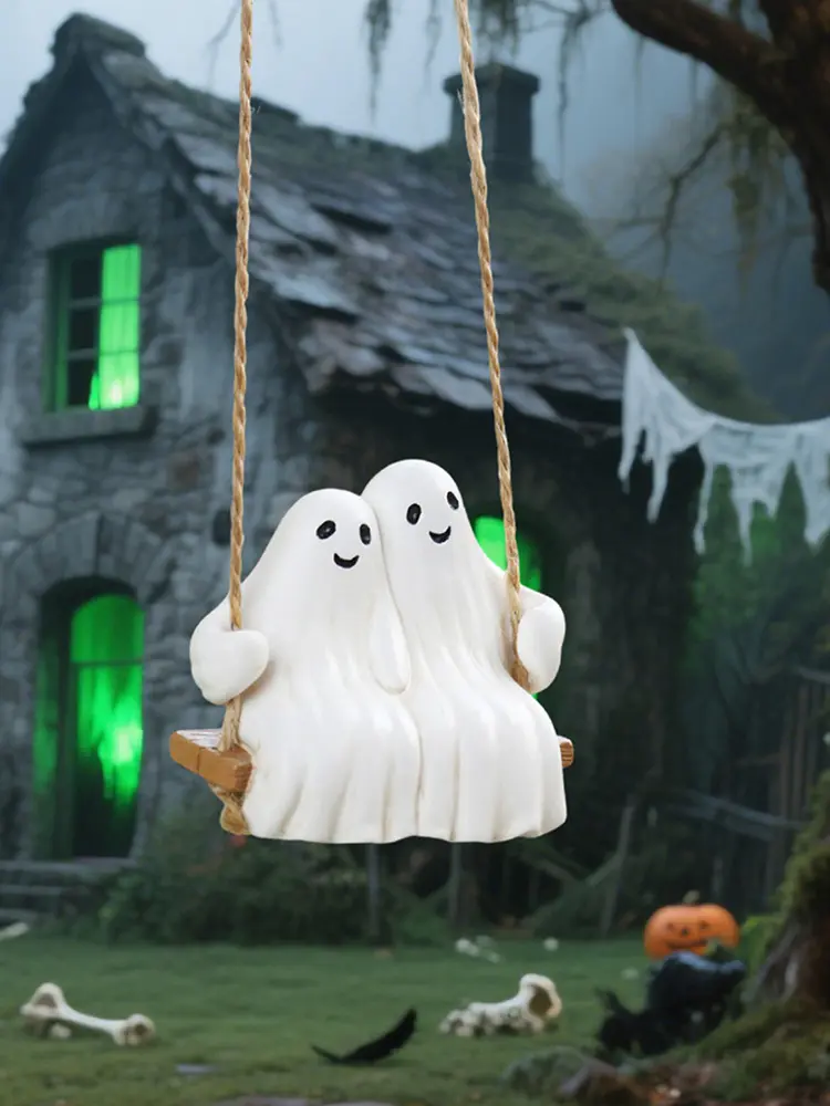 Swing Ghost Couple Outdoor Halloween Decor Swing Skeleton Holding Ghost Cat Cute Skull Figurine Funny Tree Hanging Ornaments