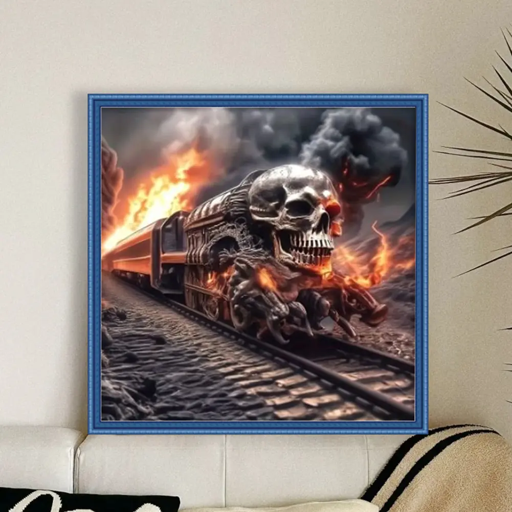 Skeleton Train Printed Cross Stitch Kit 40x40cm DIY 11CT Embroidery Craft Set