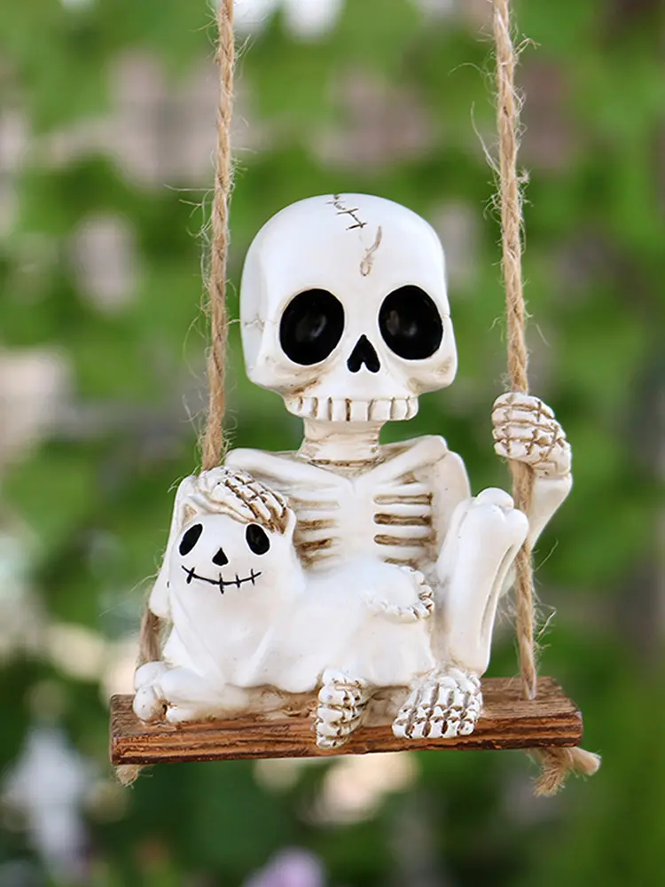Swing Ghost Couple Outdoor Halloween Decor Swing Skeleton Holding Ghost Cat Cute Skull Figurine Funny Tree Hanging Ornaments