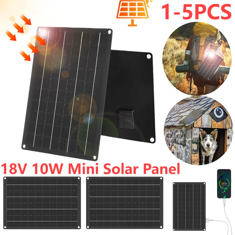 18V 10W Solar Panel With USB Waterproof Outdoor Hiking Camping Portable Battery Mobile Phone Charging Bank Emergency Tool 1-5PCS