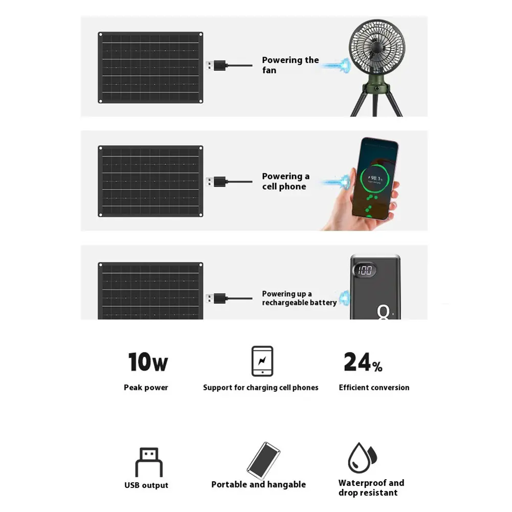 18V 10W Solar Panel With USB Waterproof Outdoor Hiking Camping Portable Battery Mobile Phone Charging Bank Emergency Tool 1-5PCS