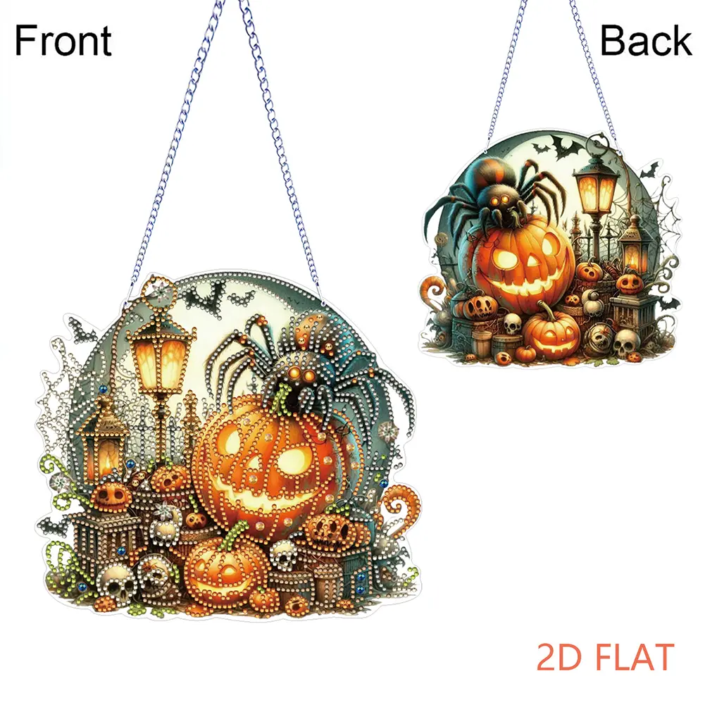 Halloween Pumpkin 2D Flat DIY Hanging Diamond Art Kits Special Shape Rhinestone Diamond Art Window Pendants Wall Door