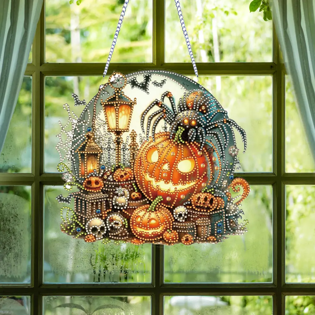Halloween Pumpkin 2D Flat DIY Hanging Diamond Art Kits Special Shape Rhinestone Diamond Art Window Pendants Wall Door