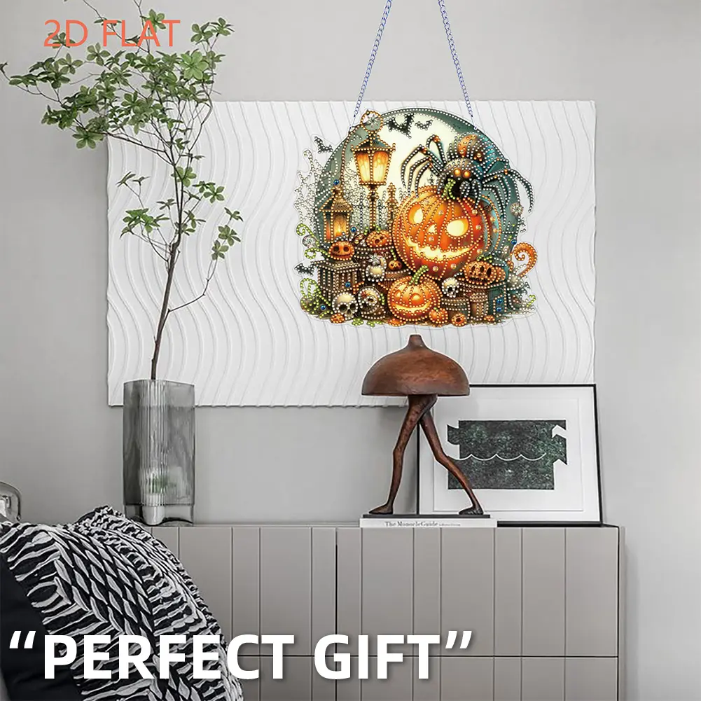 Halloween Pumpkin 2D Flat DIY Hanging Diamond Art Kits Special Shape Rhinestone Diamond Art Window Pendants Wall Door
